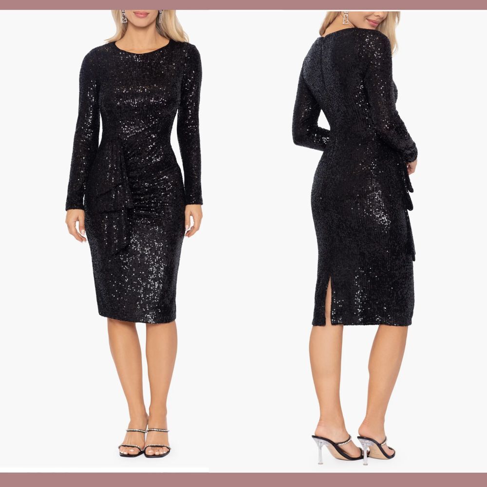 NWT $288 XSCAPE‎ [ 16 ] Long Sleeve Sequin Cocktail Dress in Black #J374